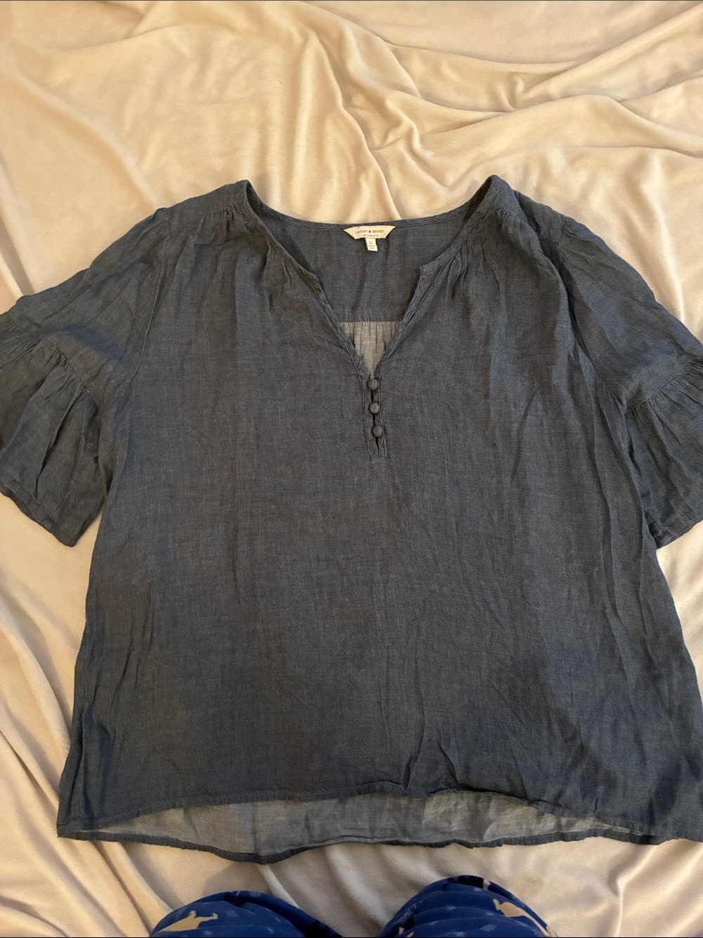 Lucky Brand Washed Blue Linen-Blend Button Placket Tunic